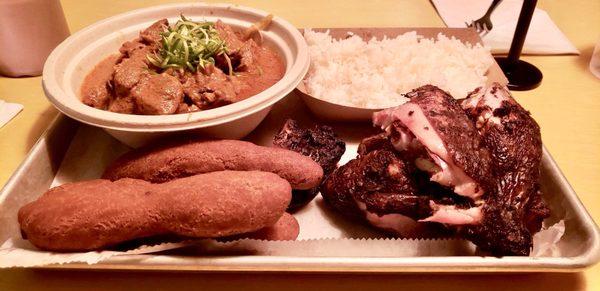 Clockwise from top left: Curry Goat with rice, Jerk Half Chicken, Festivals