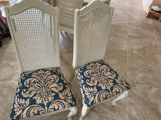 Dining chairs with vintage fabric printed in England.