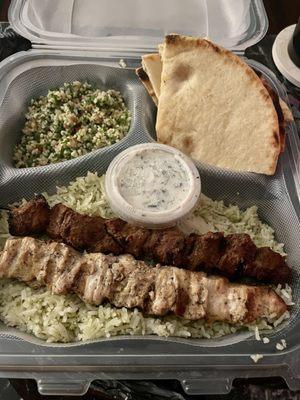 Platter: Tabouleh, Rice, Flatbread-4 Wedges, Cucumber Yogurt sauce, with CHICKEN & BEEF kabobs