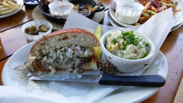 Black and Blue Burger with potato salad