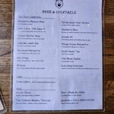 Beer & Cocktail Menu Side A