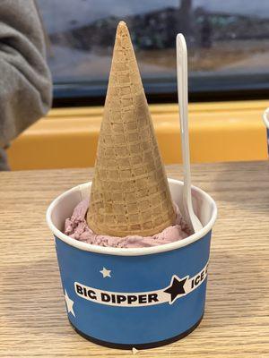 A scoop of huckleberry with a cone