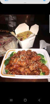 sesame chicken and pork fried rice