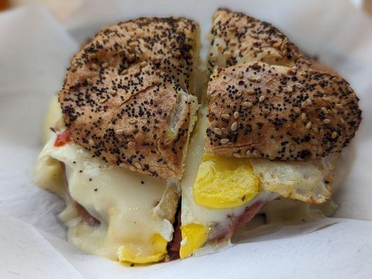 Pork roll and egg on everything bagel