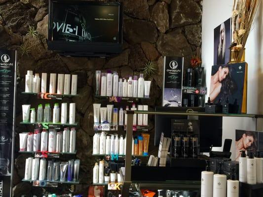 wall of Paul Mitchell products