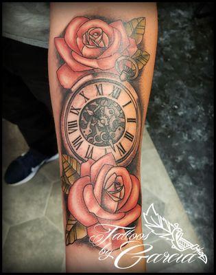 clock and roses tattoo by garcia