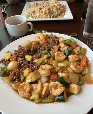 Kung Pao with shrimp and brown rice. The smaller picture is fried rice, with every kind of meat doubled in portion.