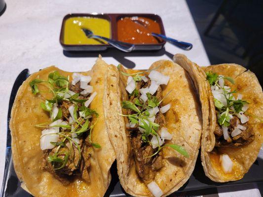 Lamb curry tacos with rojo and verde salsas