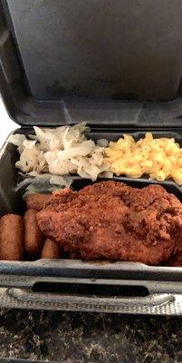 Hot Fried Chicken, Pimento Mac n Cheese, Cabbage and Hush Puppies! So good!!!