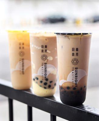 From left to right- Yogurt Green Tea, Creme Brulee Milk Tea with boba (50% sweet), Milk Tea with boba   Ig: @amystummy