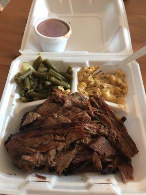 Large brisket, green beans, Mac n cheese