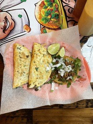 Pastor and Barbacoa quesadilla, tripa taco