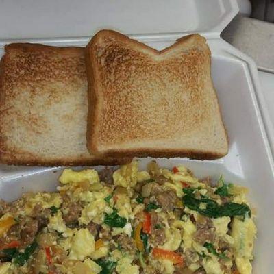 Sausage, Eggs, and vegetables scramble with dry toast