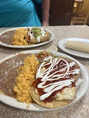 Huevos rancheros in front, pork flautas in back, and a tamale on the side. All great!