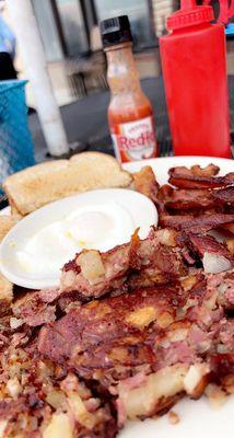 Corned Beef hash, poached eggs and toast