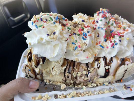 Banana split with vanilla, Nutella, and rose ice cream