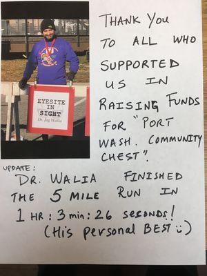 Dr. Jag ran 5 Mile Thanksgiving Day Run for our Port Washington Community Chest and raised over $500.