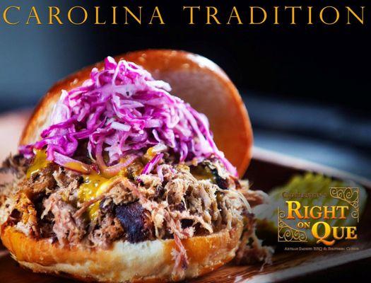 Pulled Pork Sandwich with Carolina Coleslaw. We give you the option to put slaw and your favorite RightOnQue sauce on your sandwich.