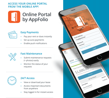 Use the mobile app to access your online portal! Easy Payments - Fast Maintenance - 24/7 Access!! Available in the App store & on Google