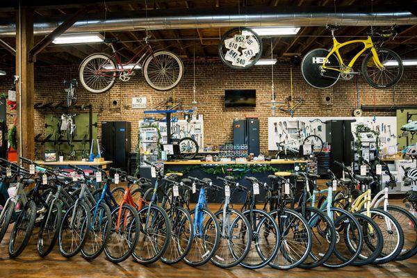 We have a ton of hybrid and commuter bikes in stock! Come by and ask us about them!