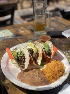 Ribeye tacos, beans, and rice