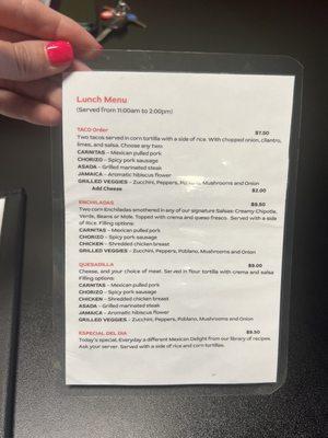 Lunch menu