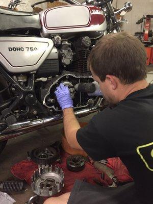 Doug changing out clutch on 78' XS 750. He does great work!