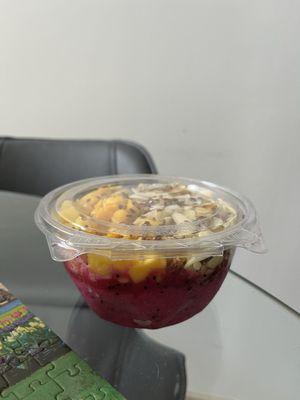 Large Tropical Bowl (dragon fruit base) pineapple, mango, flaxseeds, almond slices, granola, & honey- substituted kiwi for mango