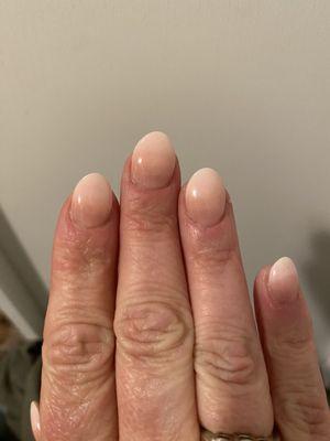 Uneven nails, shape, files real nails down against wishes. They were supposed to be almond shaped