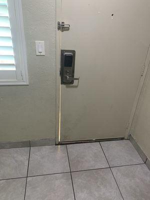 The door has gaps in it and you can hear everything outside