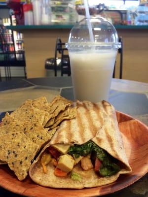 Delicious chickun wrap and hemp vanilla shake. This place is a hidden vegan gem.