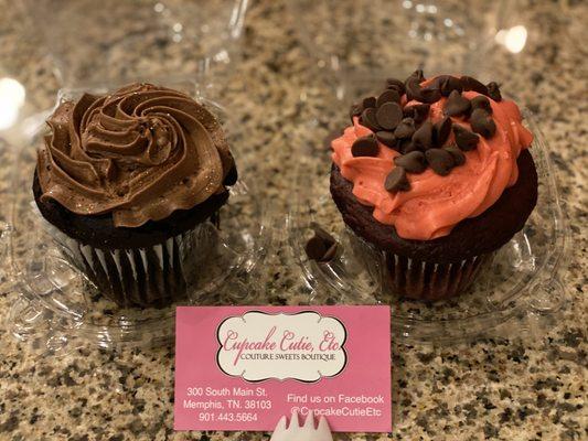 Chocolate with chocolate on the left, and red velvet with strawberry on the right. mmm