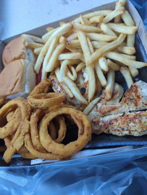 Greek grilled chicken dinner. Half fries/half onion rings. No salad.