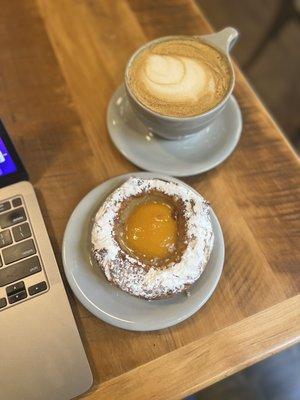 Barrel aged espresso latte and peach danish