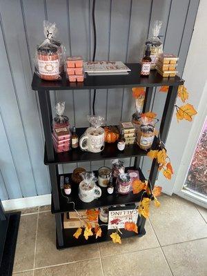 Fall candies, wax melts and coffee cups from a local vendor