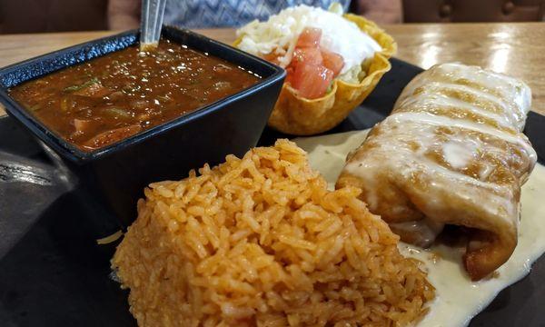 Lunch Chimichanga, Mexican Rice, Charro Beans