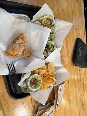 Apple Empanada  Nachos w/guacamole  3 beef tacos