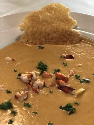 Bowl of Lobster Bisque with Parmesan Crisp