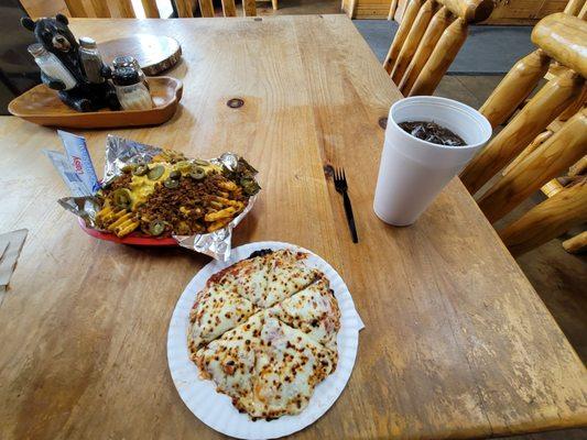 7 inch personal pizza, loaded waffle fries, and large XXX rootbeer