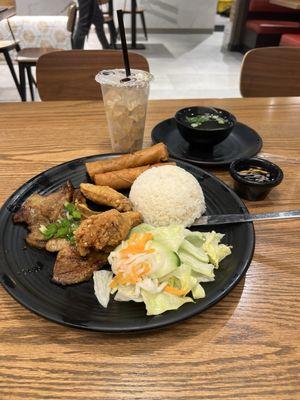 R1. Grilled Pork Chop, Fried Chicken Wing and Egg Roll over Rice Combo Plate