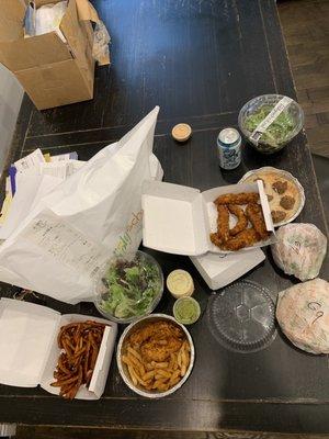 Cornflake chicken, fire salad, sweet potato fries, chicken cutlet with fries, Burger & hummus platter.