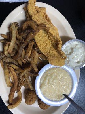 Catfish fillets, cheese grits and fries.