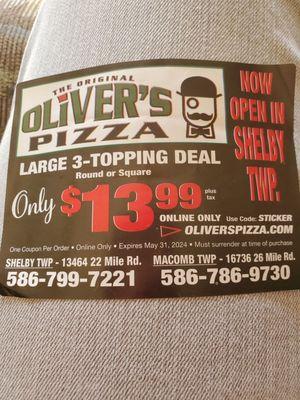 Oliver's Sticker Coupon.  Order ONLINE only and one coupon per order. Welcome To The Neighborhood! Thursday 4/25/2024