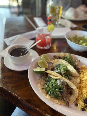 Javier's steak tacos with black beans and rice