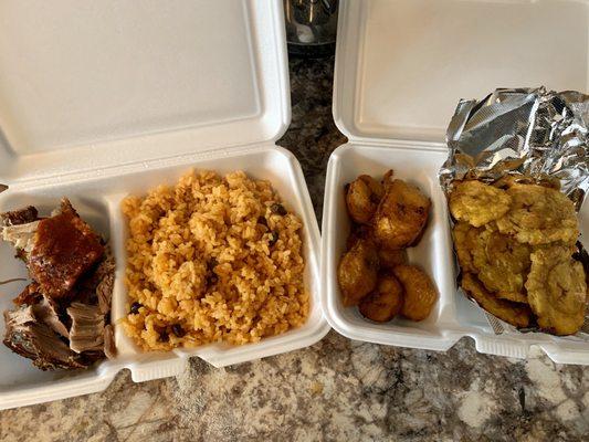 Pork shoulder, arroz con gandules, Amarillo's & Tostones