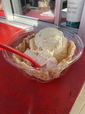 Waffle bowl w southern banana pudding and horchata.