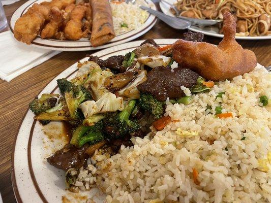 Broccoli beef in front, mandarin chicken (sauce on side) and chow mein in back