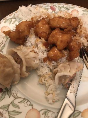 General tso's chicken and pork dumplings