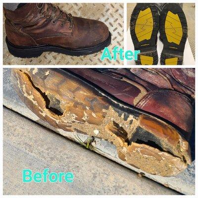 Before & after! Boot sole restoration. $90.00.... Worth It!