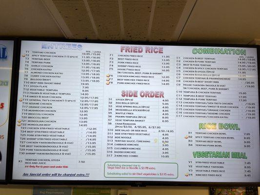 Menu with updated pricing as of 27SEP2022